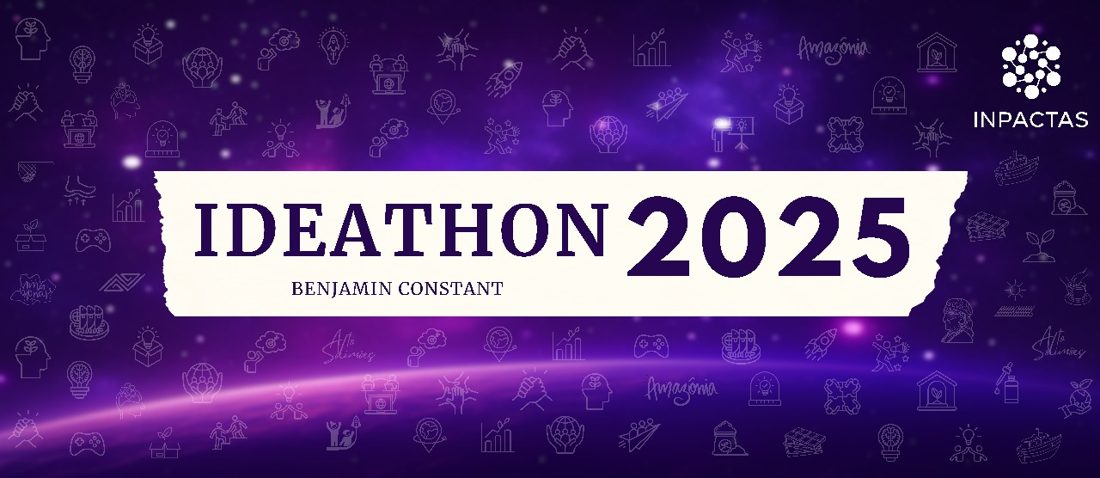 Backdrop do Ideathon 2025: céu roxo com ícones de linha e faixa branca de papel rasgado com a palavra IDEATHON 2025