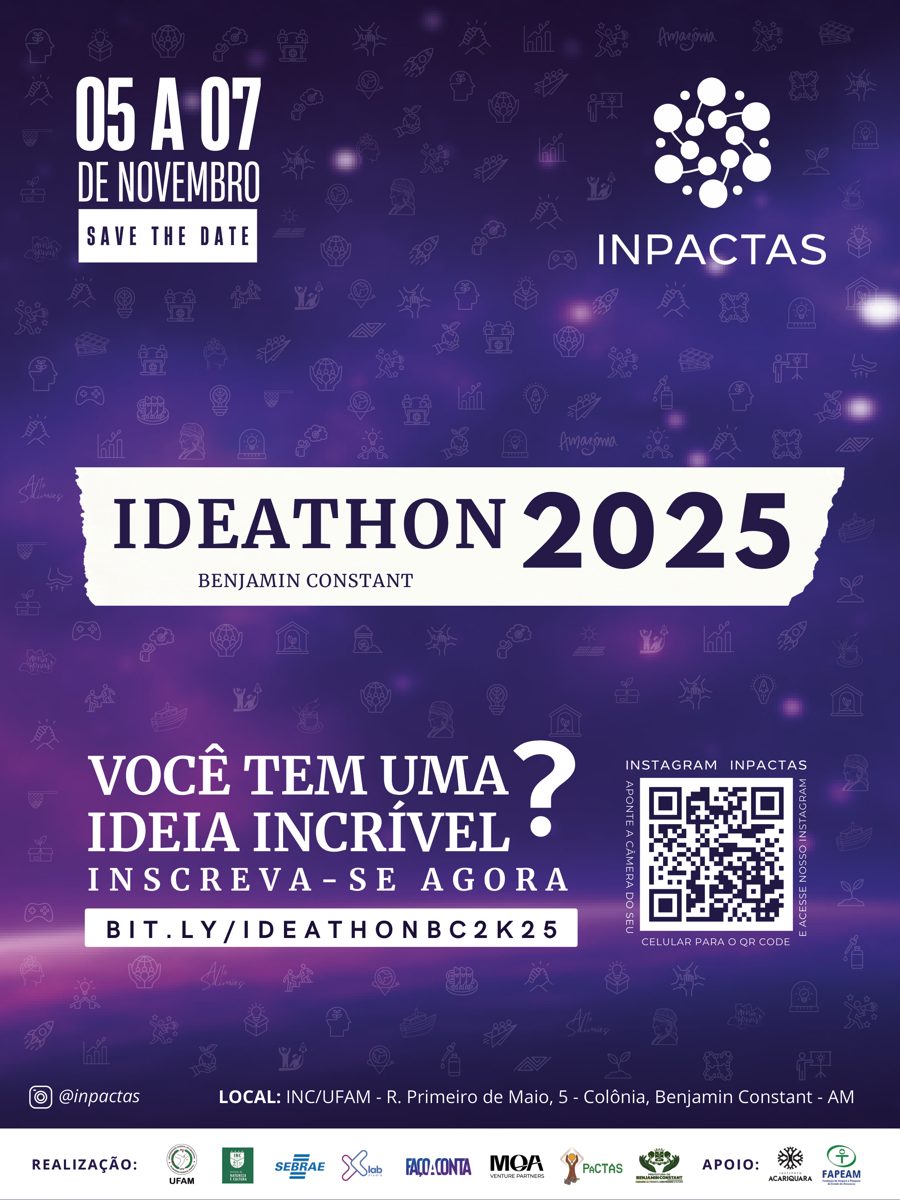 Cartaz do Ideathon 2025 com a data em fonte condensada, o logo antigo da INPACTAS e uma faixa branca de logos no rodapé